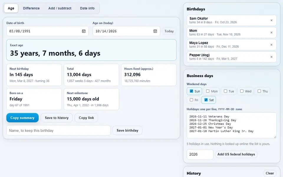 Age & Date Calculator showing an exact age in years, months and days with the next birthday, four saved birthdays counting down, and business-day settings