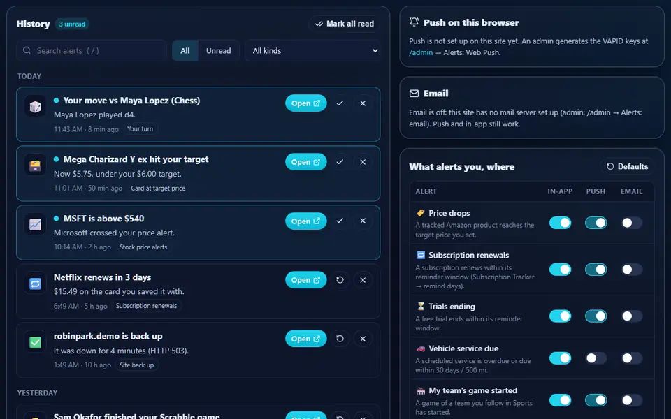 Alerts history with seven alerts from chess, card prices, stocks, subscriptions, site monitoring and car service, three unread, beside push and email status and per-alert in-app, push and email switches
