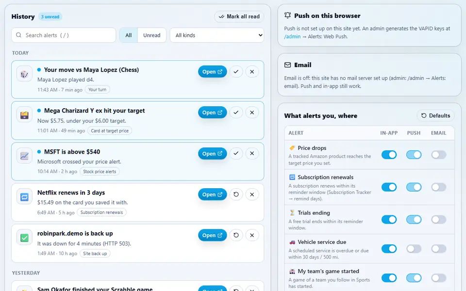 Alerts history with seven alerts from chess, card prices, stocks, subscriptions, site monitoring and car service, three unread, beside push and email status and per-alert in-app, push and email switches