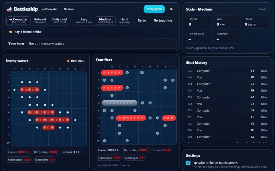 A Battleship game against the Medium computer: enemy waters with hits, misses and sunk ships, Robin's fleet with the computer's shots, and the stats and shot history on the right