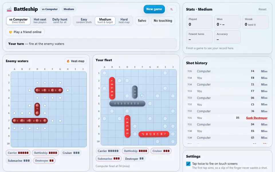 A Battleship game against the Medium computer: enemy waters with hits, misses and sunk ships, Robin's fleet with the computer's shots, and the stats and shot history on the right