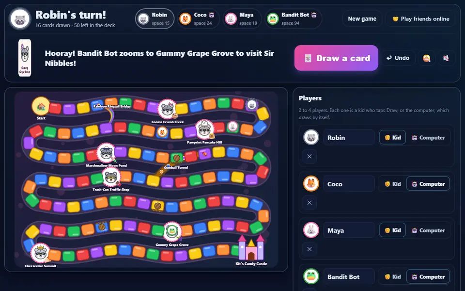 Candy Land with four tokens spread along the rainbow candy path past the raccoon landmarks, the last drawn card, what it did and whose turn it is above the board, and the players panel on the right