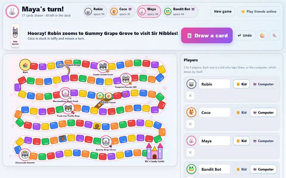 Candy Land with four tokens spread along the rainbow candy path past the raccoon landmarks, the last drawn card, what it did and whose turn it is above the board, and the players panel on the right