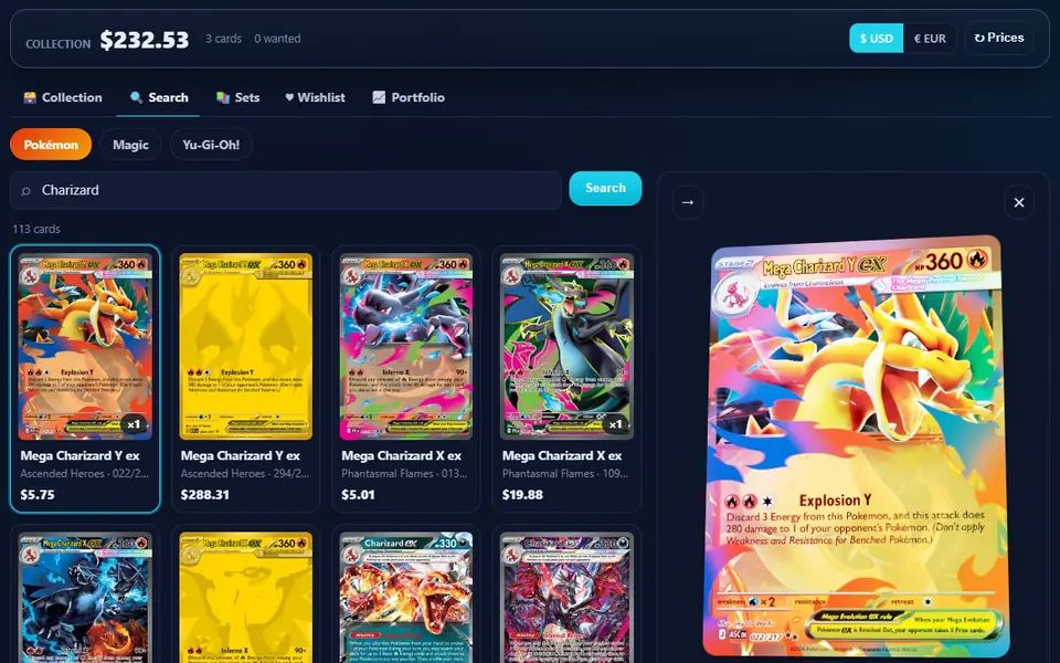 Card Collector search results for Charizard with prices, and Mega Charizard Y ex open as a tilted 3D holo card beside them