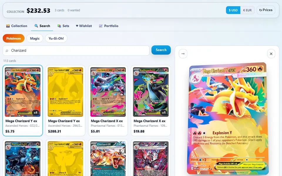 Card Collector search results for Charizard with prices, and Mega Charizard Y ex open as a tilted 3D holo card beside them