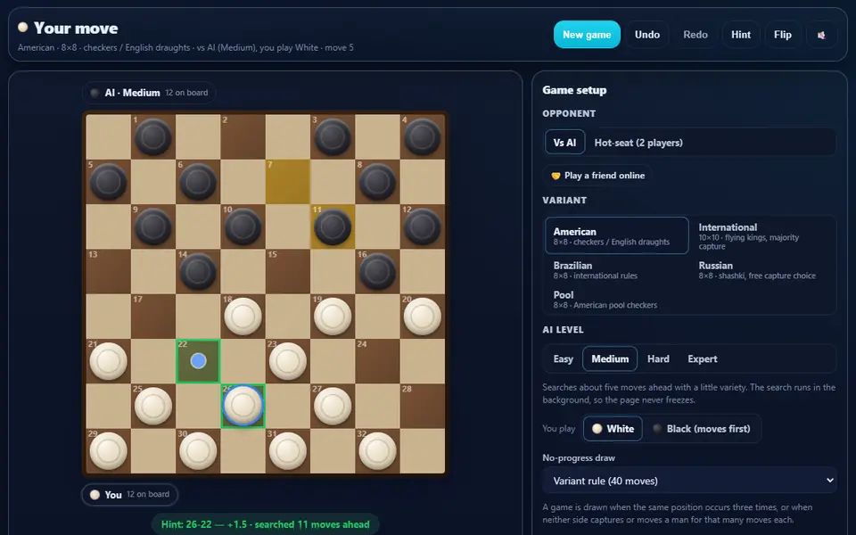 A checkers game against the Medium AI a few moves in, a piece taken on each side and the hinted move highlighted on the board with its evaluation below, and the game setup panel with five rule variants on the right