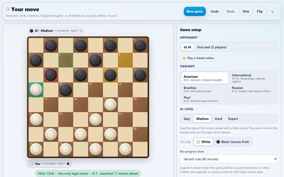 A checkers game against the Medium AI a few moves in, a piece taken on each side and the hinted move highlighted on the board with its evaluation below, and the game setup panel with five rule variants on the right