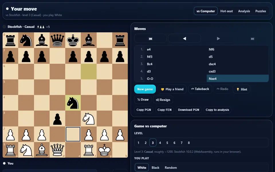 A chess game against Stockfish after five moves, with the move list and level picker