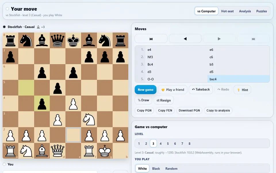 A chess game against Stockfish after five moves, with the move list and level picker