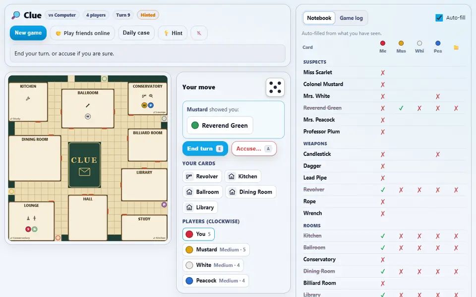 A game of Clue against three computer detectives: the mansion board with the players' tokens in the rooms, the card a computer player just showed after Robin's suggestion, and the auto-filled detective notebook on the right