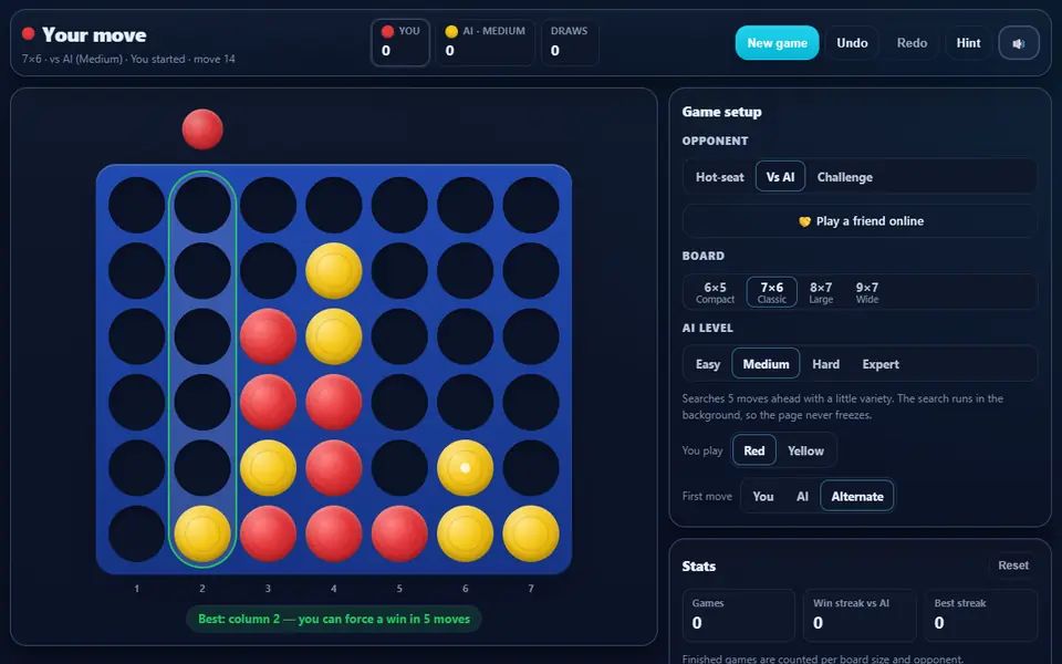 Connect Four against the Medium AI on the classic 7×6 board, a dozen or so red and yellow discs dropped and the hint highlighting the best column below, with the game setup, stats and move list on the right