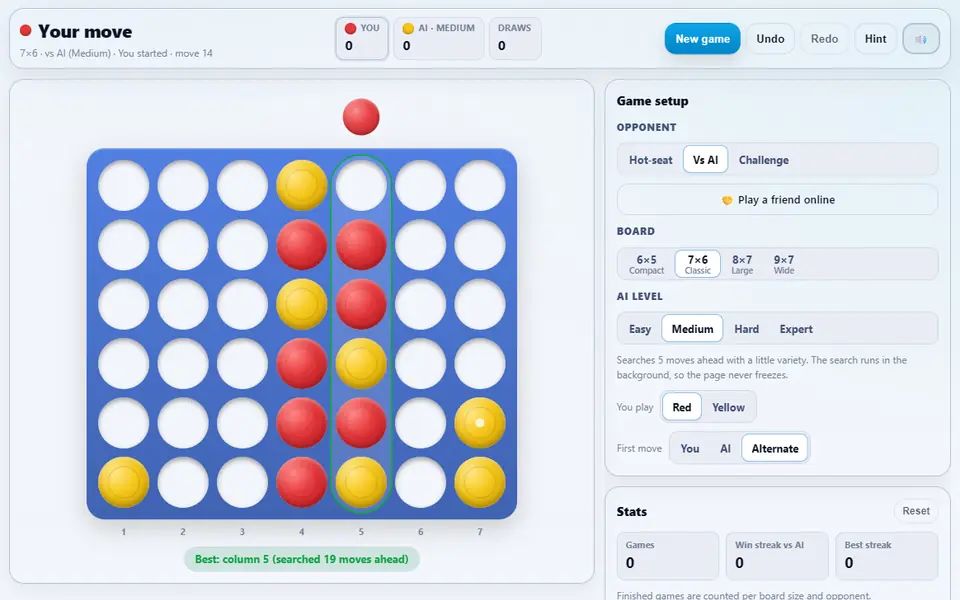 Connect Four against the Medium AI on the classic 7×6 board, a dozen or so red and yellow discs dropped and the hint highlighting the best column below, with the game setup, stats and move list on the right