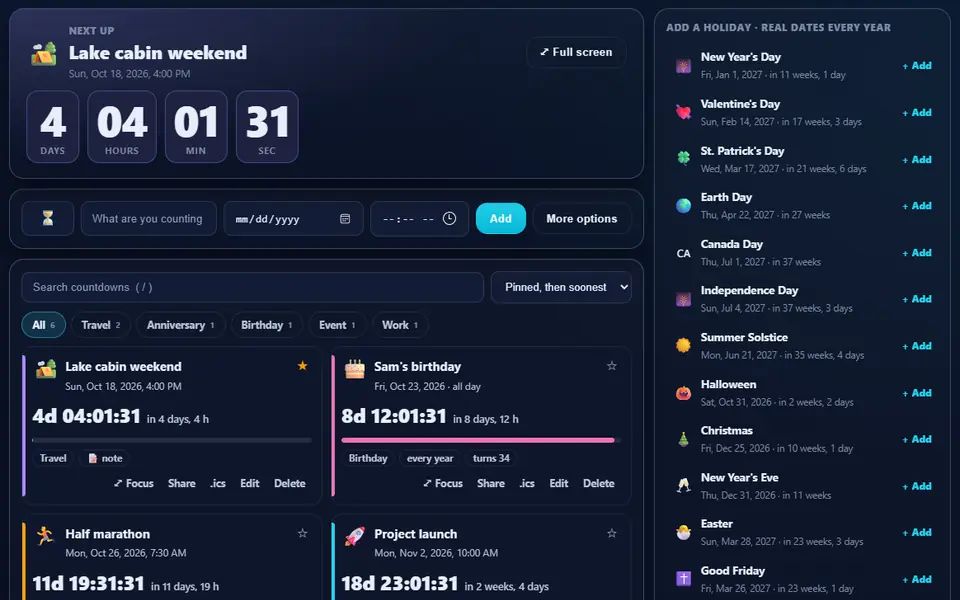 Countdown Hub with six countdowns, a pinned lake cabin trip, birthdays that repeat every year and a race day, beside a list of holidays to add