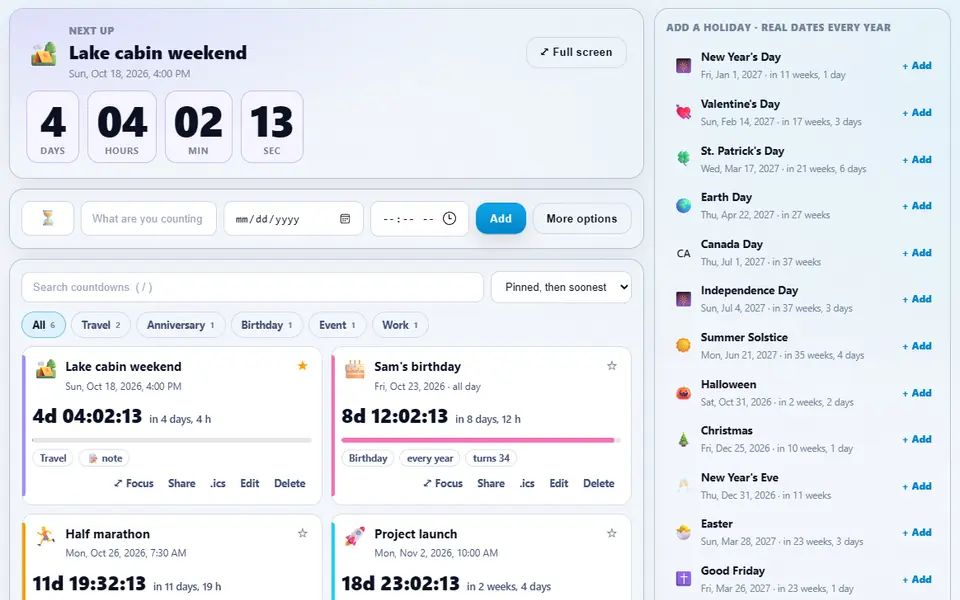 Countdown Hub with six countdowns, a pinned lake cabin trip, birthdays that repeat every year and a race day, beside a list of holidays to add