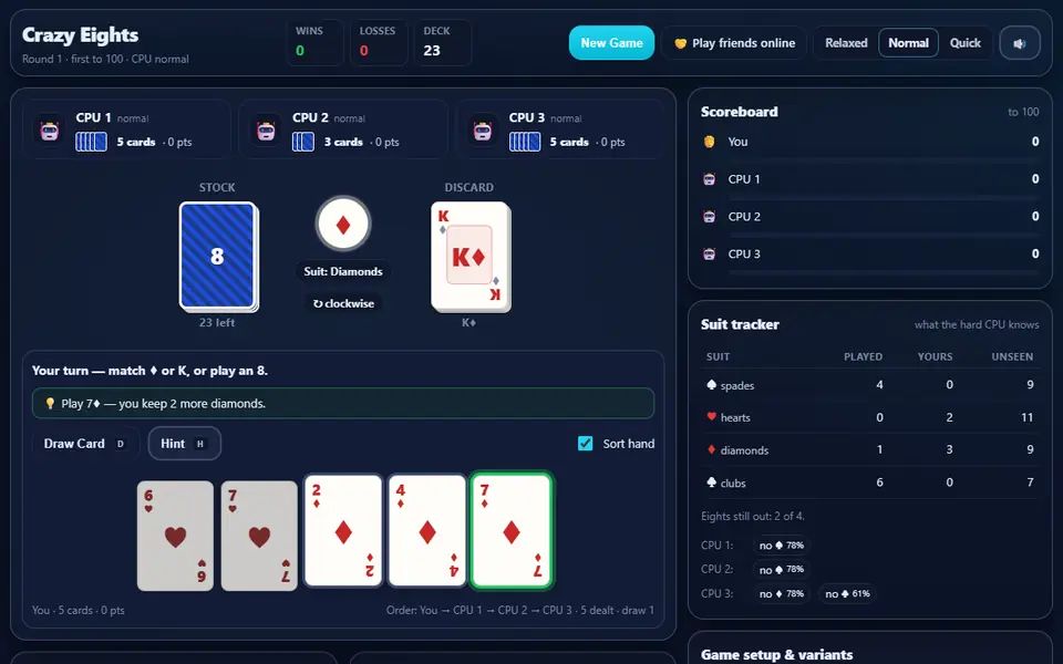 Crazy Eights against three CPUs a few turns in: the CPUs' card counts, the stock and discard pile, a hint lifting the card to play in Robin's hand, and the scoreboard and suit tracker on the right