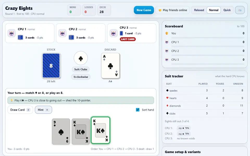 Crazy Eights against three CPUs a few turns in: the CPUs' card counts, the stock and discard pile, a hint lifting the card to play in Robin's hand, and the scoreboard and suit tracker on the right