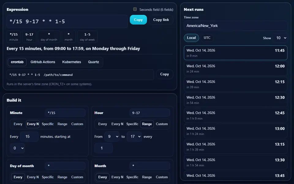 Cron Expression Builder with */15 9-17 * * 1-5 explained as every 15 minutes from 09:00 to 17:59, Monday through Friday, the field builder below and the next ten runs in New York time on the right