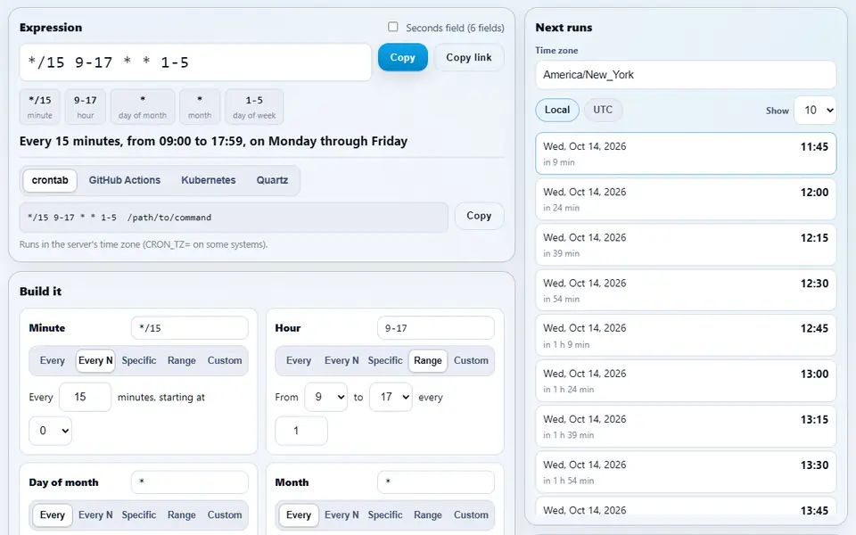 Cron Expression Builder with */15 9-17 * * 1-5 explained as every 15 minutes from 09:00 to 17:59, Monday through Friday, the field builder below and the next ten runs in New York time on the right