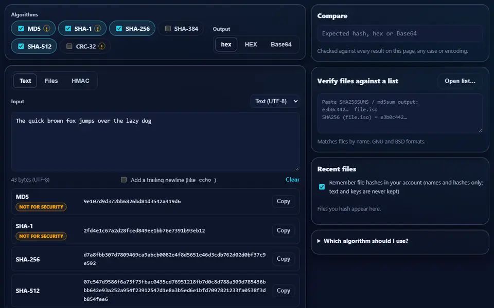 Hash Generator with the text "The quick brown fox jumps over the lazy dog" and its MD5, SHA-1, SHA-256 and SHA-512 hashes, with compare, verify and recent-files panels on the right