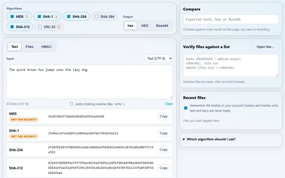 Hash Generator with the text "The quick brown fox jumps over the lazy dog" and its MD5, SHA-1, SHA-256 and SHA-512 hashes, with compare, verify and recent-files panels on the right