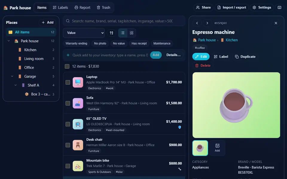 Home Inventory for the Park house: places from rooms down to a camping box with item counts, twelve items sorted by value with photos, brands, places and tags, and the espresso machine open in the side panel with its photo, place, category, brand and model