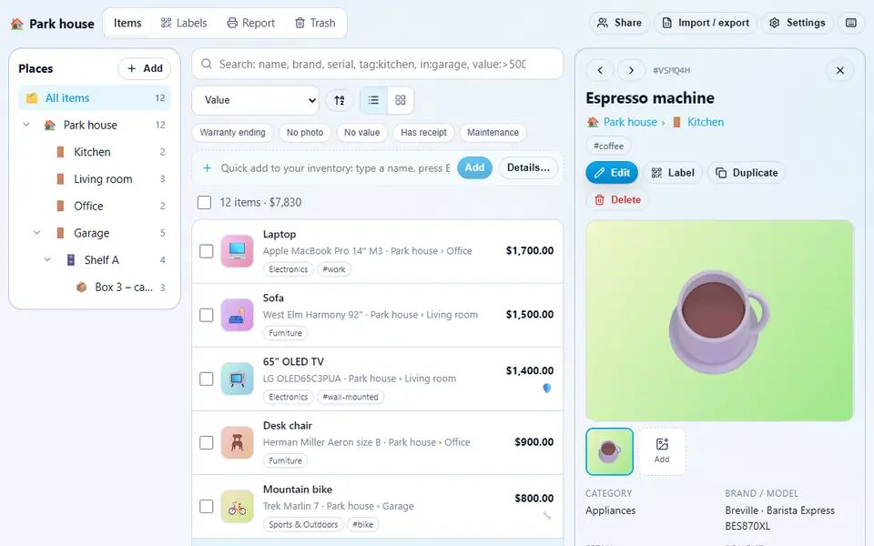 Home Inventory for the Park house: places from rooms down to a camping box with item counts, twelve items sorted by value with photos, brands, places and tags, and the espresso machine open in the side panel with its photo, place, category, brand and model