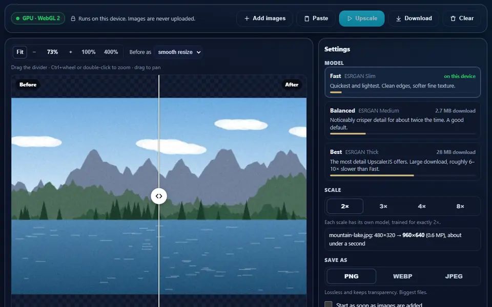 Image Upscaler after enlarging a 480×320 demo picture of a mountain lake to 960×640 with the Fast model: a before-and-after slider on the left, the model, scale and format settings on the right