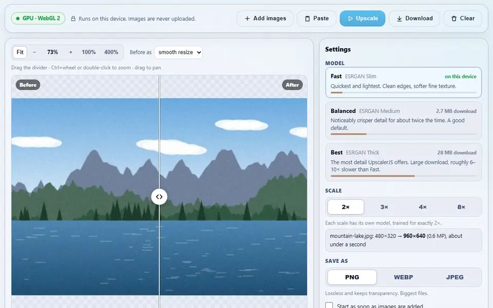 Image Upscaler after enlarging a 480×320 demo picture of a mountain lake to 960×640 with the Fast model: a before-and-after slider on the left, the model, scale and format settings on the right