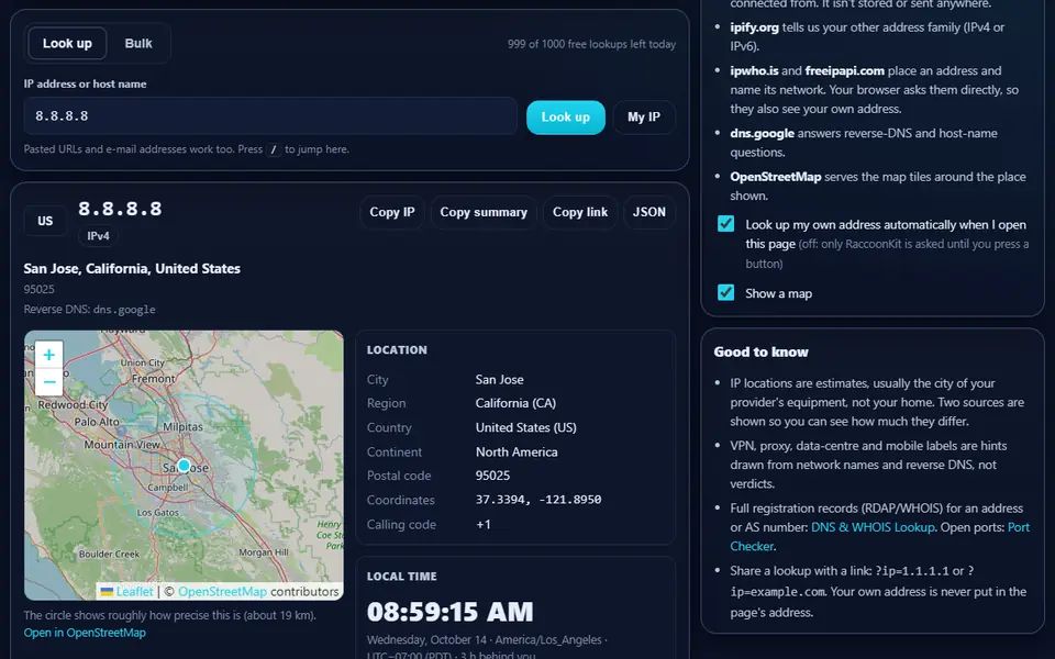IP Information looking up 8.8.8.8: San Jose, California, reverse DNS dns.google, a map of the area, the location details and the local time there, with notes on the sources on the right
