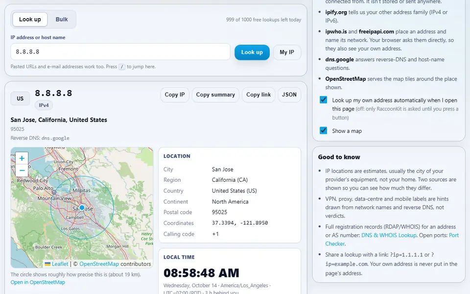 IP Information looking up 8.8.8.8: San Jose, California, reverse DNS dns.google, a map of the area, the location details and the local time there, with notes on the sources on the right