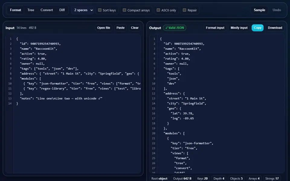 JSON Formatter with a sample document in the input on the left and the same JSON indented with two spaces on the right, marked Valid JSON, with key, depth and size counts below