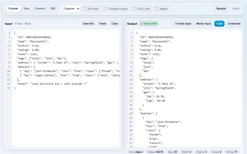 JSON Formatter with a sample document in the input on the left and the same JSON indented with two spaces on the right, marked Valid JSON, with key, depth and size counts below