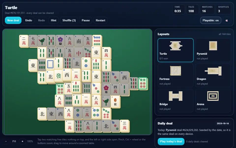 A Mahjong Solitaire Turtle deal with eighteen pairs cleared and gaps opening in the layers, a hinted matching pair glowing, the timer, tiles-left and matches counters above, and the layout picker on the right