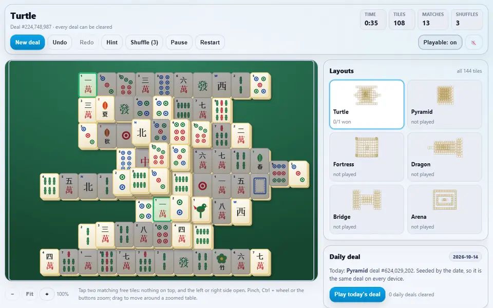 A Mahjong Solitaire Turtle deal with eighteen pairs cleared and gaps opening in the layers, a hinted matching pair glowing, the timer, tiles-left and matches counters above, and the layout picker on the right