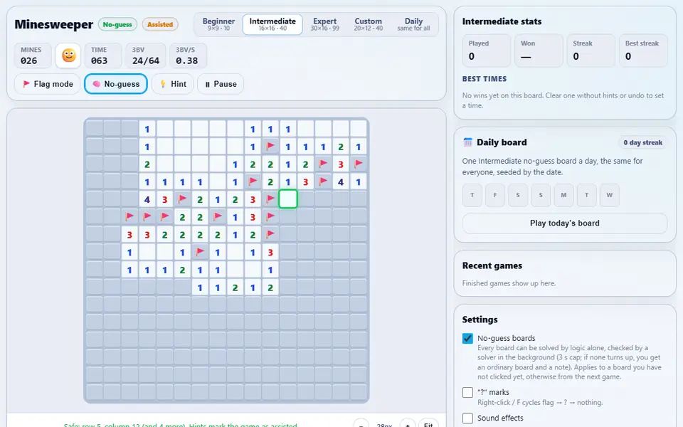 An Intermediate 16×16 Minesweeper board partly cleared: numbered squares and flags, a hinted safe square in green and proven mines outlined in red, with the mine counter and timer above and the stats and daily board on the right