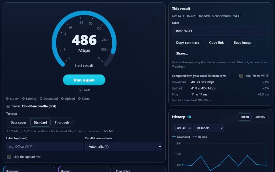 Network Speed Test showing the last result, 486 Mbps download on Home Wi-Fi via Cloudflare Seattle, compared with the usual speeds, the test settings below and a chart of ten earlier tests in the history on the right