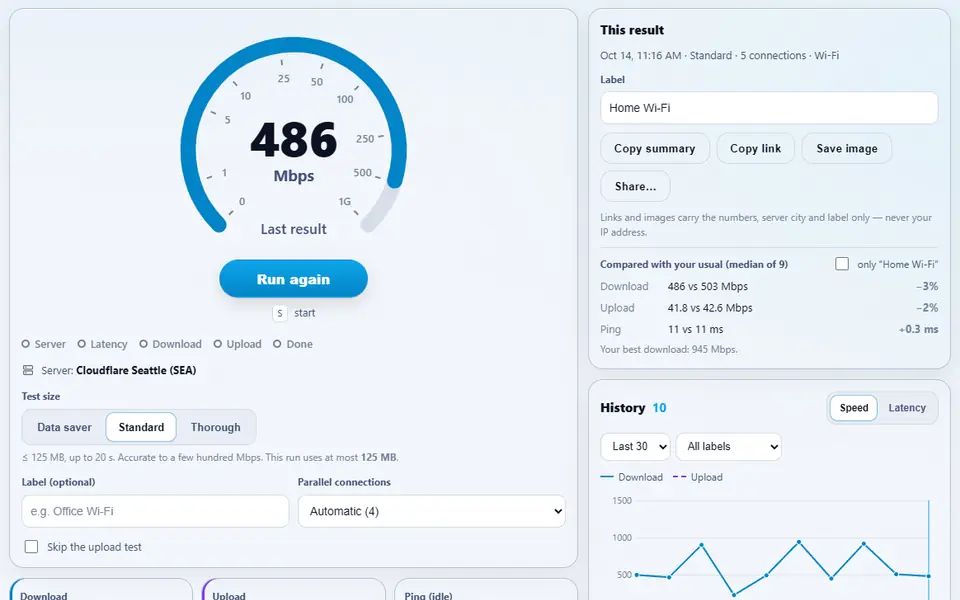 Network Speed Test showing the last result, 486 Mbps download on Home Wi-Fi via Cloudflare Seattle, compared with the usual speeds, the test settings below and a chart of ten earlier tests in the history on the right