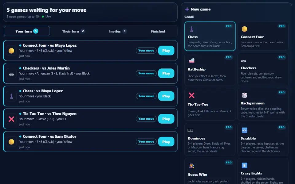 Play a Friend showing five games waiting for your move (Connect Four, Checkers, Chess and Tic-Tac-Toe against four friends) beside the New game picker