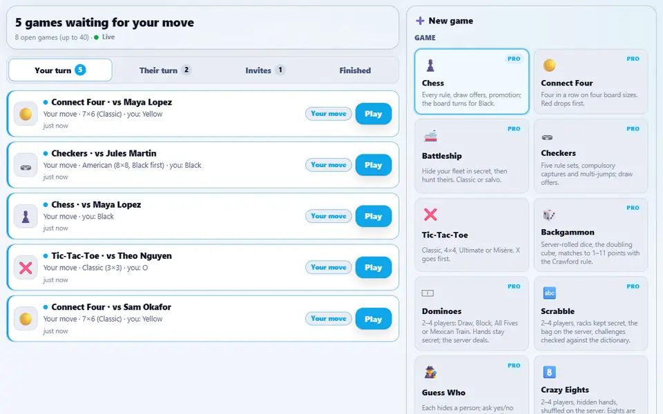 Play a Friend showing five games waiting for your move (Connect Four, Checkers, Chess and Tic-Tac-Toe against four friends) beside the New game picker