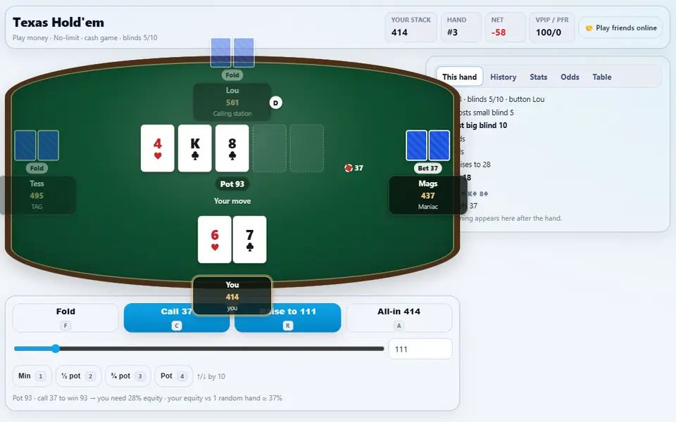 Texas Hold'em at a four-seat table: the player's two hole cards and the community cards on the felt, three computer opponents with their stacks and bets, and the fold, call and raise buttons with pot odds and equity