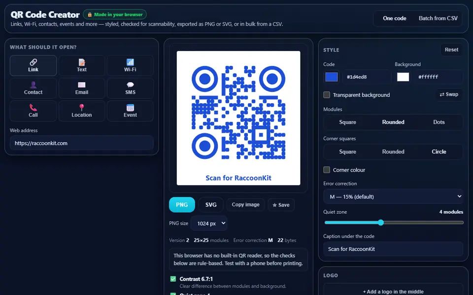 QR Code Creator with a blue QR code for raccoonkit.com in rounded modules and circle corners, captioned Scan for RaccoonKit, the content types on the left and the style options on the right