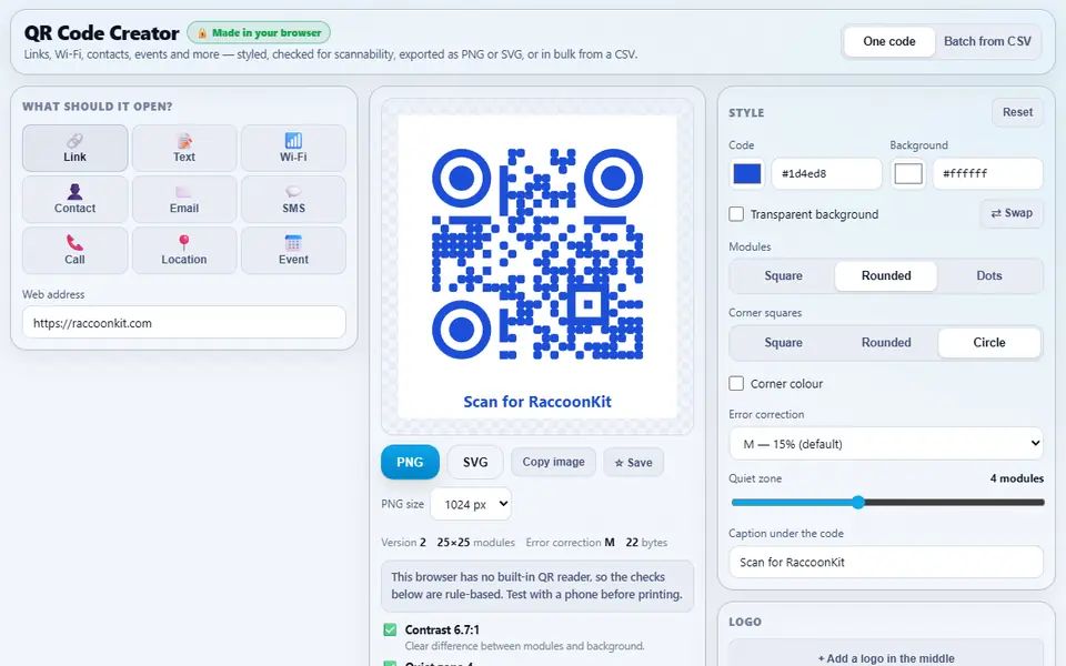 QR Code Creator with a blue QR code for raccoonkit.com in rounded modules and circle corners, captioned Scan for RaccoonKit, the content types on the left and the style options on the right