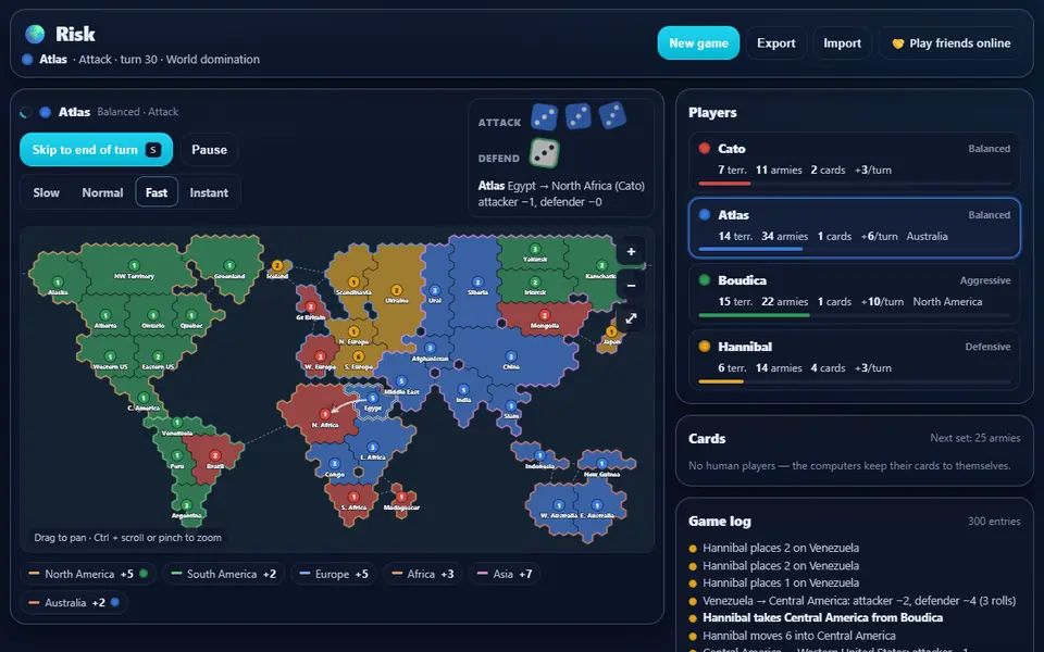Risk mid-game between four computer players: the world map with each territory in its owner's colour and army counts, the dice of the last attack, continent bonuses below, and the players panel and game log beside it