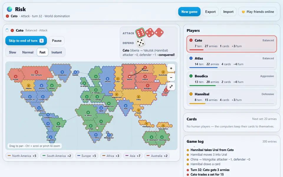 Risk mid-game between four computer players: the world map with each territory in its owner's colour and army counts, the dice of the last attack, continent bonuses below, and the players panel and game log beside it