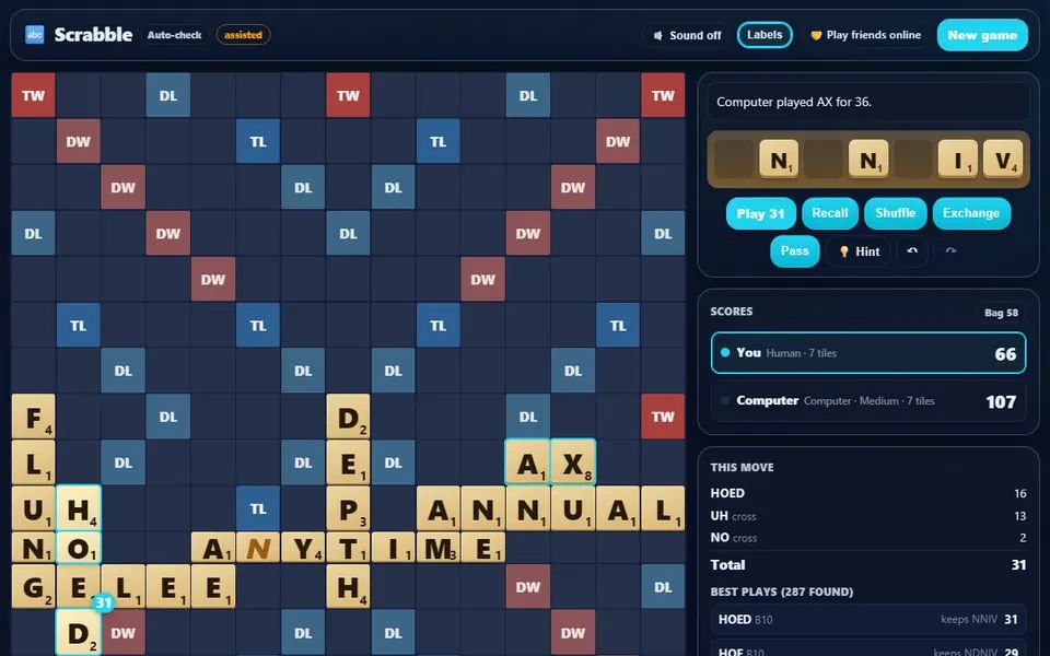 Scrabble against the computer a few rounds in: words crossing the board's premium squares, a new play laid out in place with its words and score in the This move panel, the rack, both scores and the word history