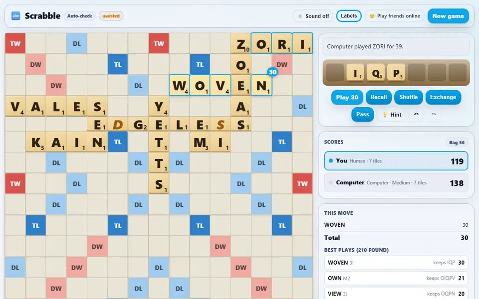 Scrabble against the computer a few rounds in: words crossing the board's premium squares, a new play laid out in place with its words and score in the This move panel, the rack, both scores and the word history