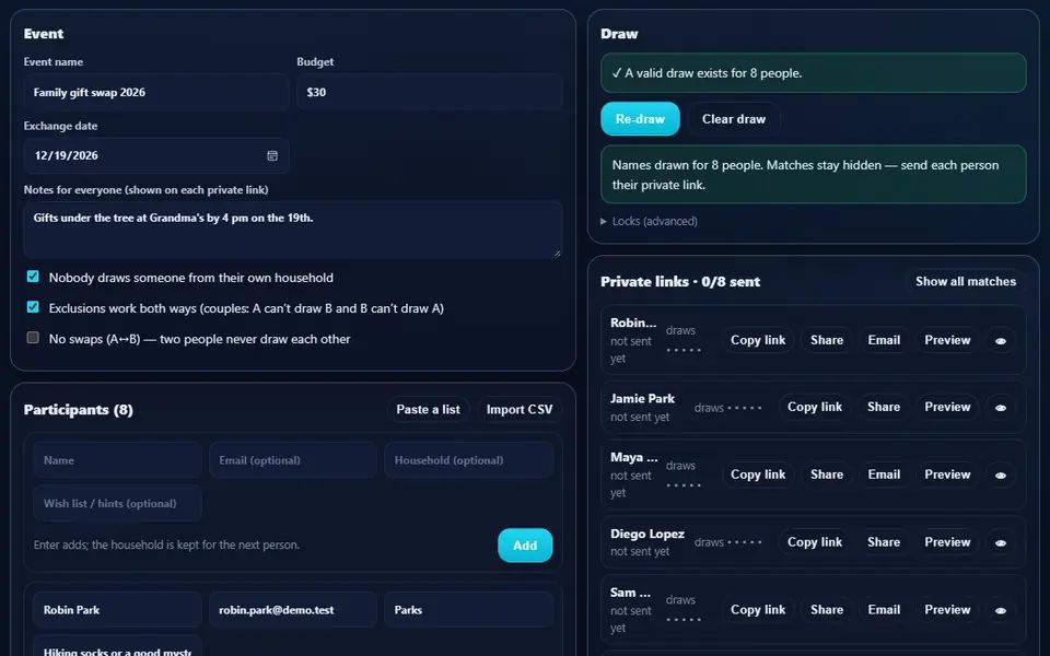 Secret Santa for a family gift swap: the event with a $30 budget and a December date, eight participants in five households with wish lists, and names drawn with every match hidden behind private links