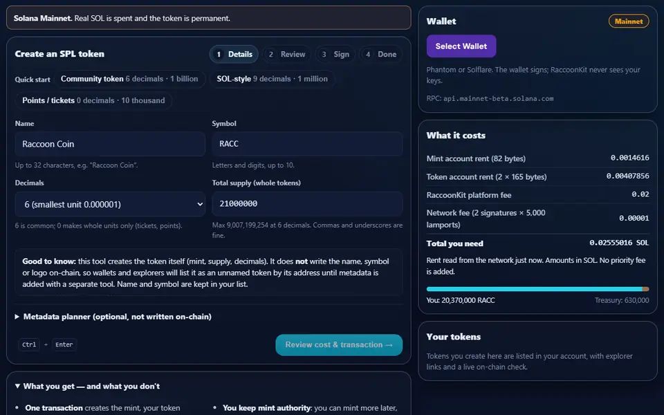 Solana Token Factory creating a token named Raccoon Coin with the symbol RACC, 6 decimals and a 21 million supply, with the network fee and rent breakdown and the supply split