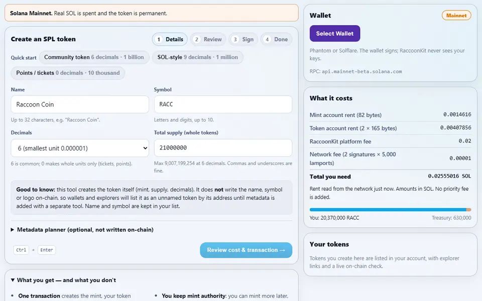 Solana Token Factory creating a token named Raccoon Coin with the symbol RACC, 6 decimals and a 21 million supply, with the network fee and rent breakdown and the supply split