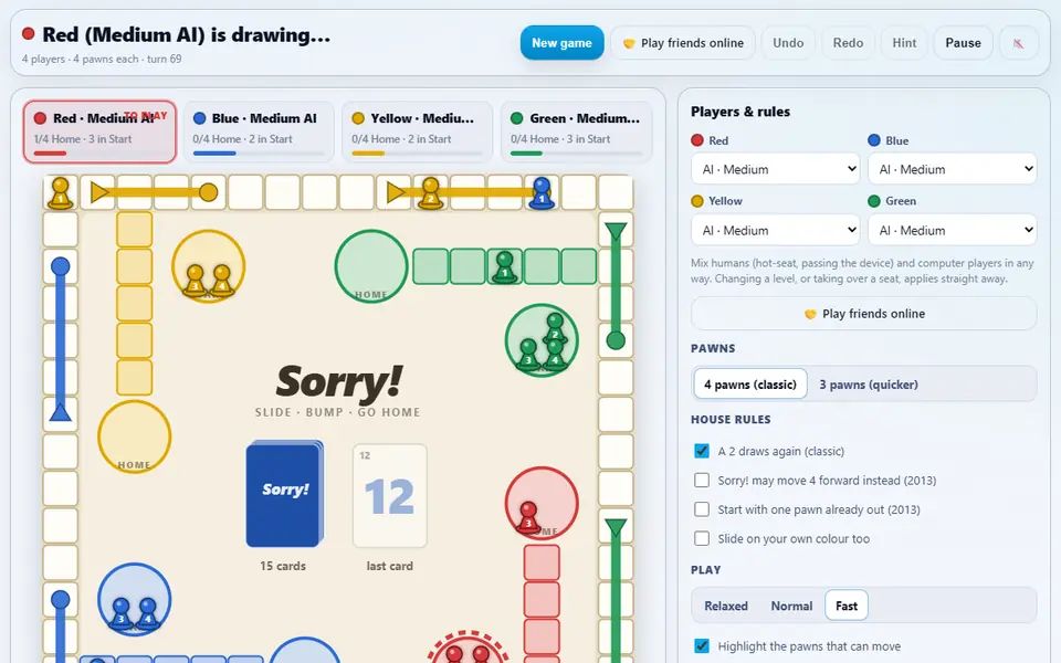 Sorry! mid-game with four computer players: pawns spread round the track and its slides, the drawn card face up beside the deck, each player's progress home, and the players and house rules panel